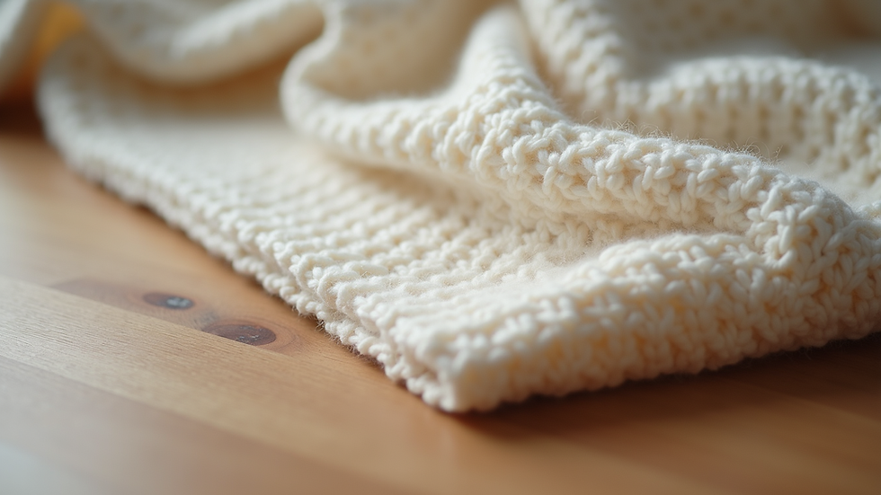 Eye-level view of a soft, knitted baby blanket on a wooden surface