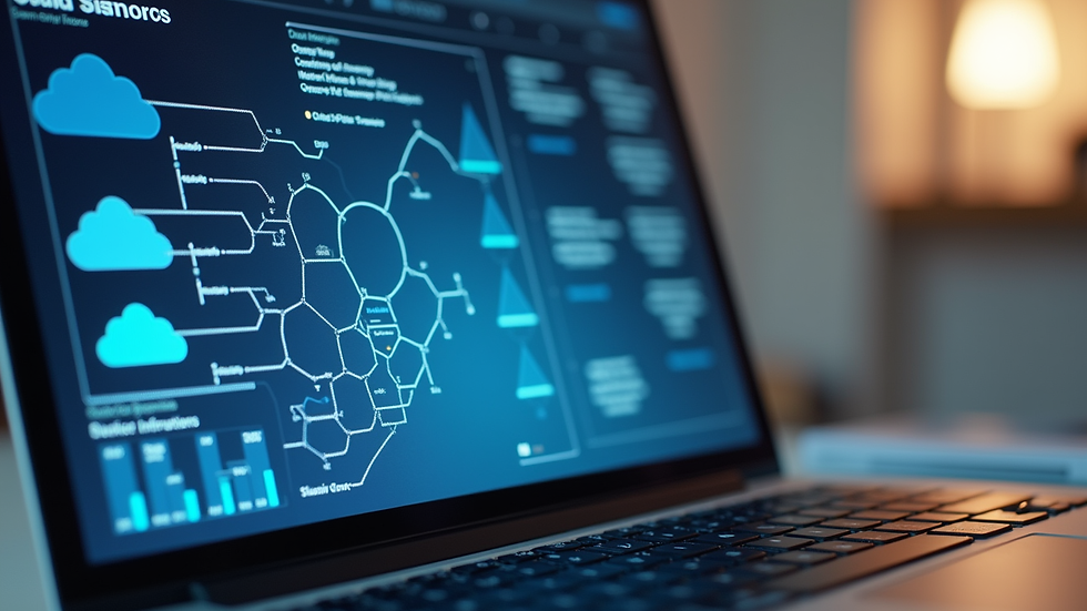 Close-up view of a laptop screen showing cloud service architecture diagrams