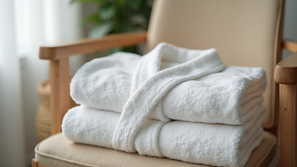 Eye-level view of a neatly folded soft cotton robe on a spa chair