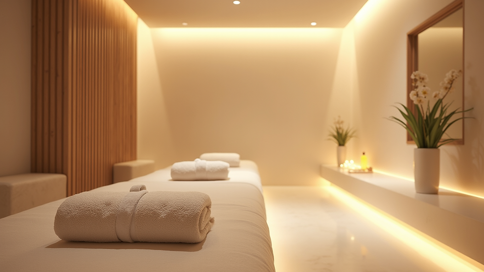 Eye-level view of a calm spa room with soft lighting and minimal decor
