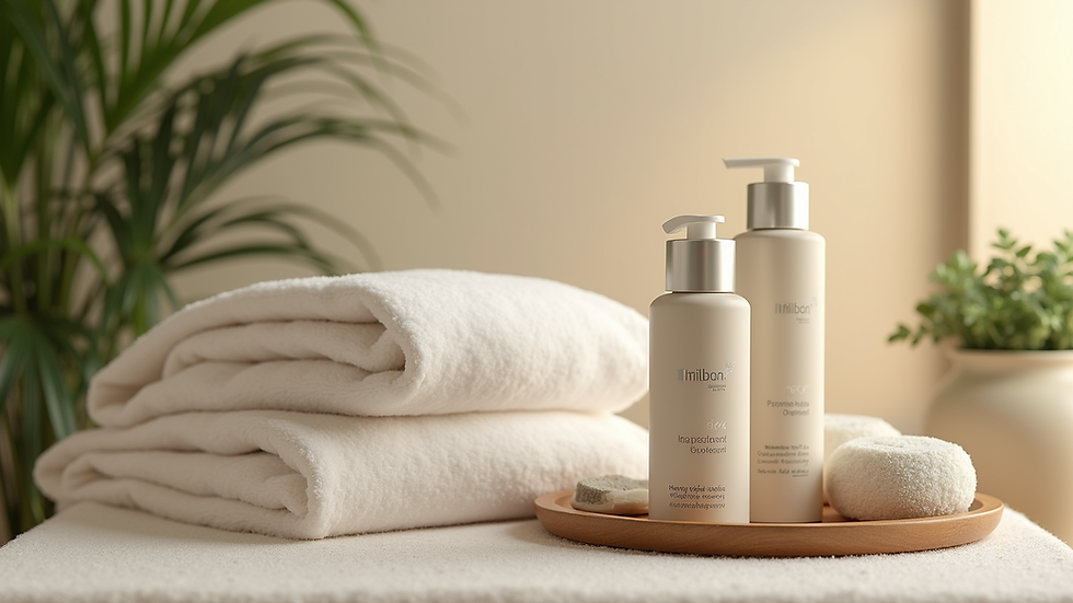 Close-up view of a serene spa treatment setup with Milbon products