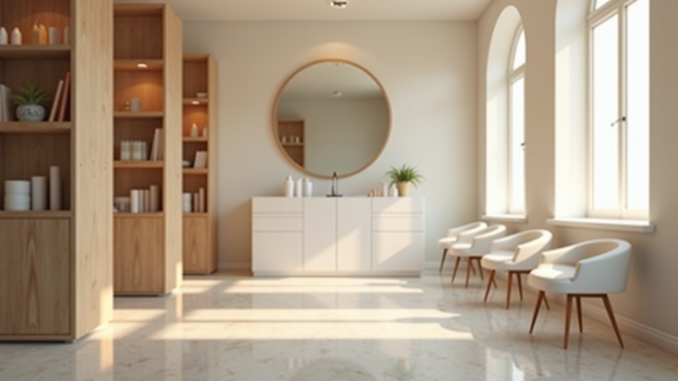 Eye-level view of a minimalist salon interior with soft lighting and Milbon products
