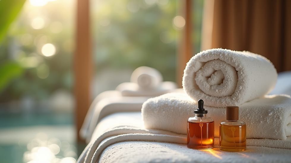 Close-up view of a tranquil spa setting with soft towels and aromatic oils