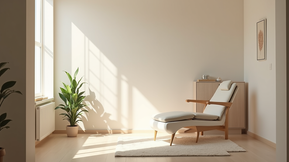 Eye-level view of a minimalist treatment room with a comfortable chair and soft natural light