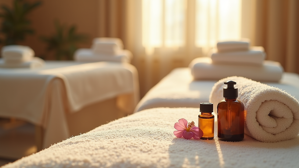 Eye-level view of a tranquil spa treatment area with soft towels and essential oils