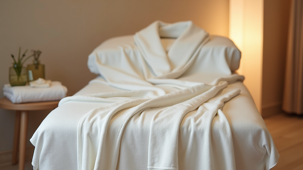 Eye-level view of a soft, minimal robe draped over a spa chair