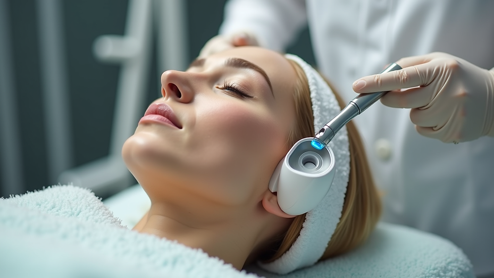 Close-up view of a Hydrafacial treatment device with serum application