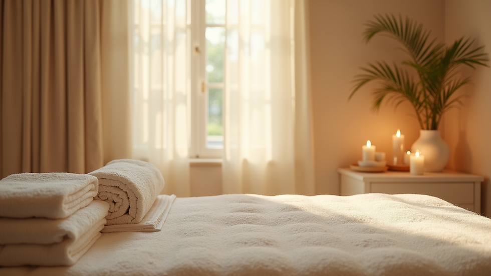 Close-up view of a serene spa room with soft lighting and natural decor
