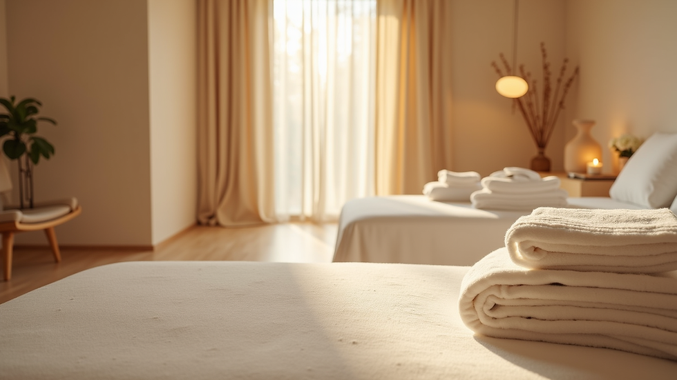 Close-up view of a serene spa room with soft lighting and minimalist decor