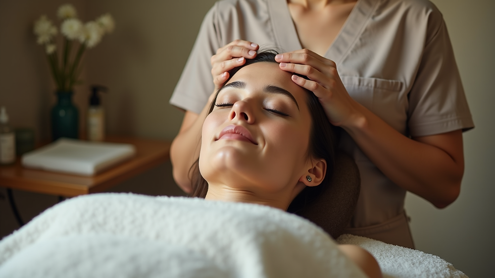 Eye-level view of a therapist gently massaging a client's scalp in a quiet spa setting