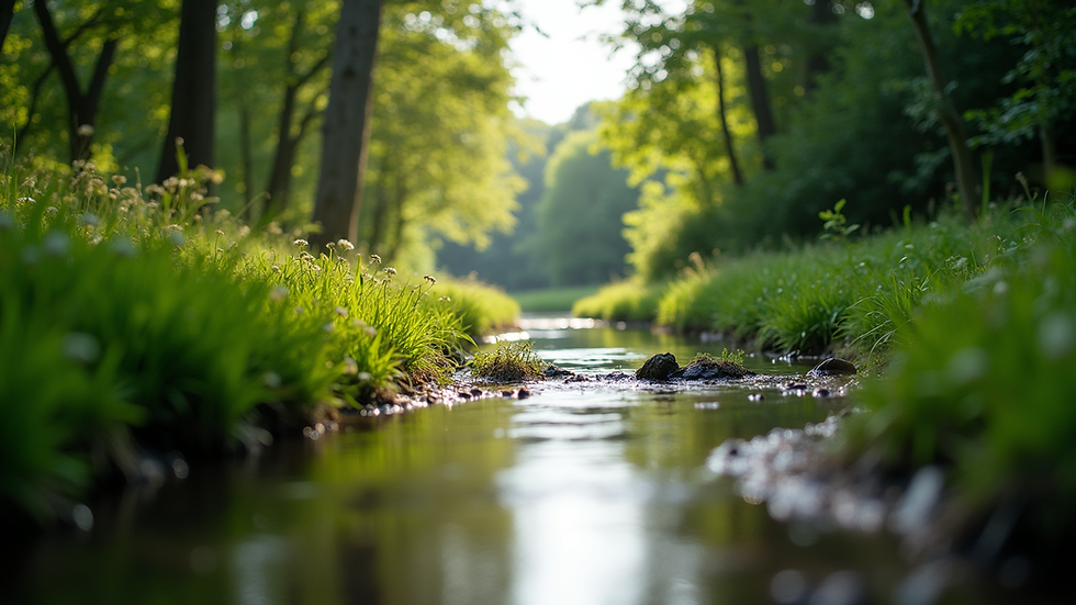 Eye-level view of a serene Cotswold river surrounded by lush greenery