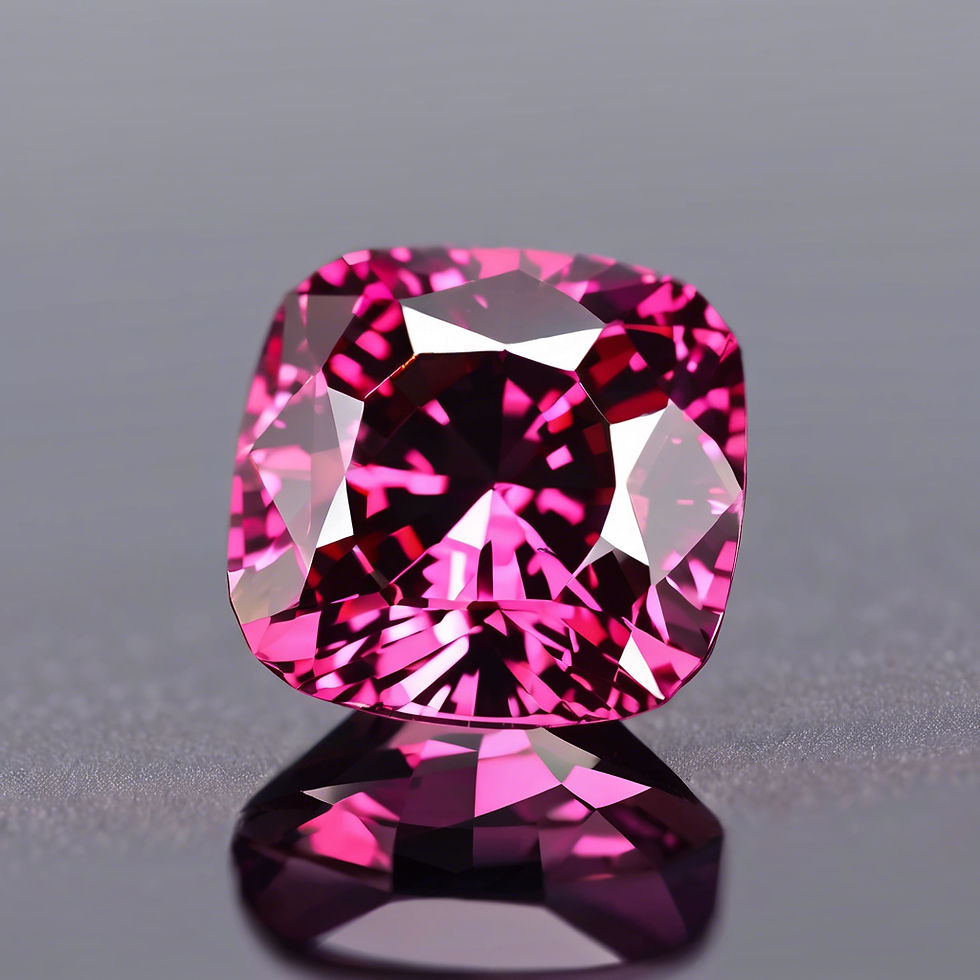 A vibrant pink spinel gemstone with a beautifully faceted cut, reflecting light brilliantly against a soft gray background.