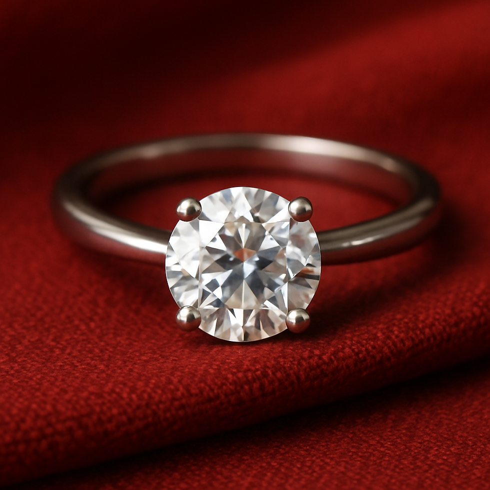 Solitaire diamond ring on folded red fabric background. The diamond sparkles, creating an elegant and luxurious mood.