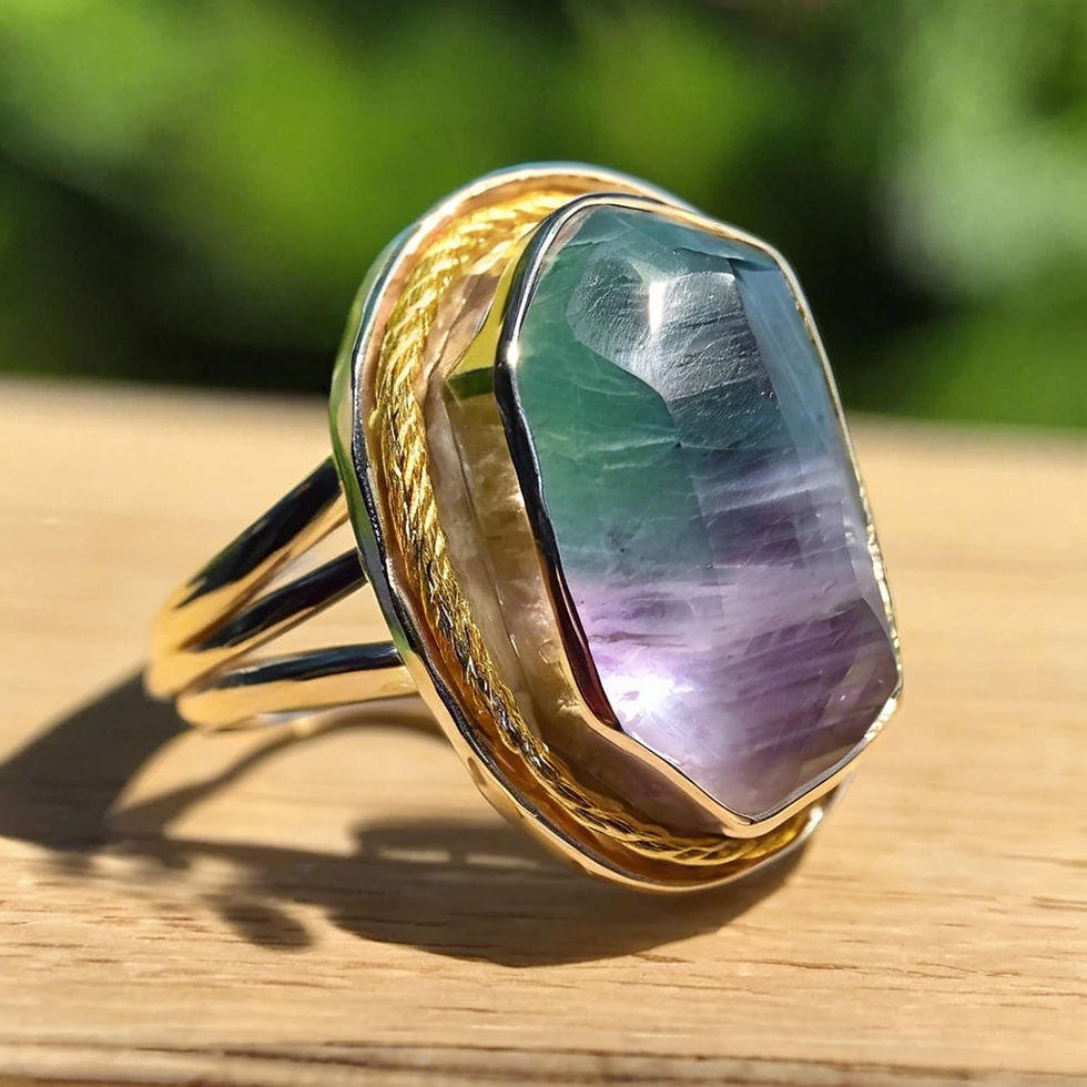 Elegant fluorite ring set in a delicate gold and silver band, showcased in natural sunlight.
