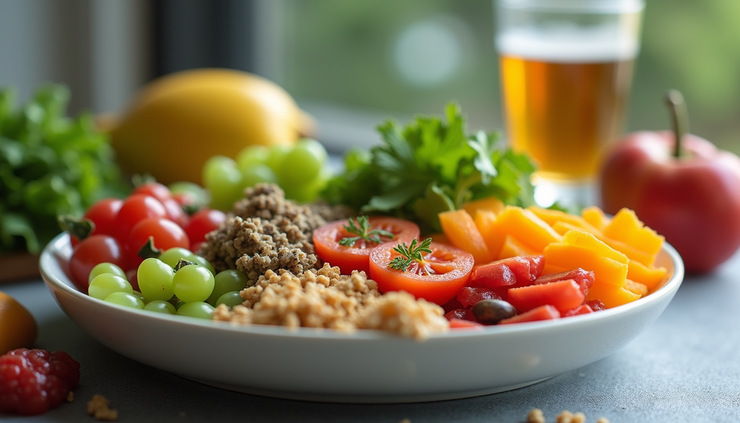 Vue rapprochée d'une assiette colorée avec des aliments naturels et équilibrés