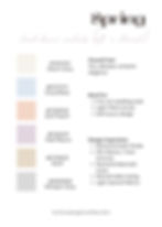 Spring color palette with soft neutrals: Warm Ivory, Cloud Blue, Soft Peach, Pale Mauve, Sand, Whisper Gray. Airy, romantic theme.