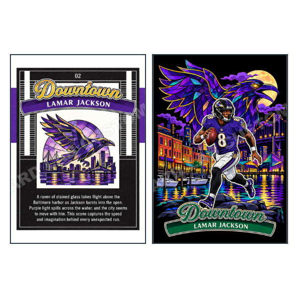 Lamar Jackson Downtown Baltimore Ravens Purple Raven Blac - Custom Fan Made Card front and back