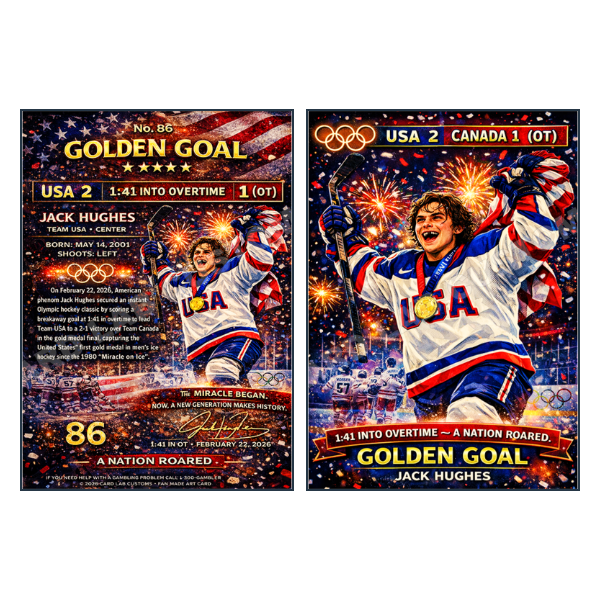 Jack Hughes Golden Goal - Custom Fan Made Card front and back