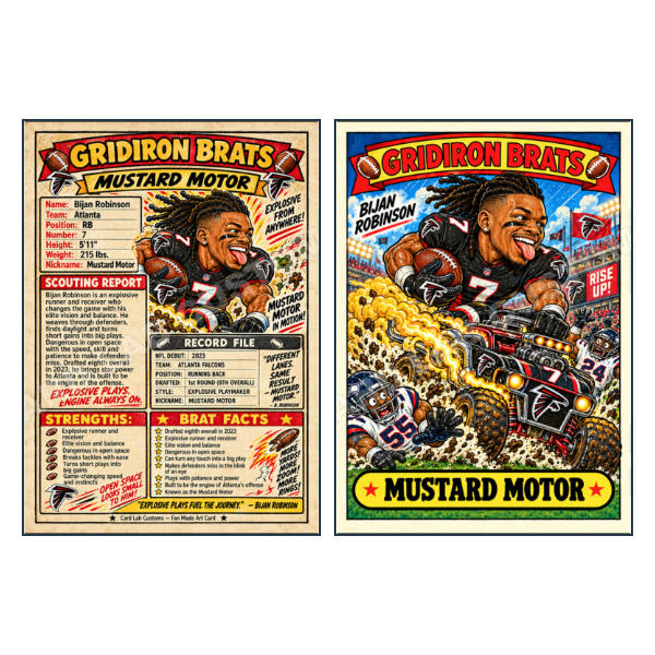 Bijan Robinson Gridiron Brats - Mustard Motor - Atlanta F - Custom Fan Made Card front and back