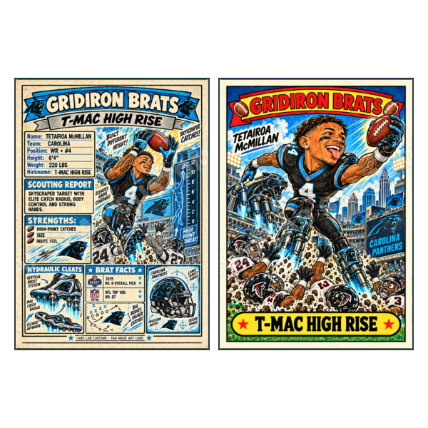 Tetairoa McMillan Gridiron Brats -T-Mac High Rise - Carol - Custom Fan Made Card front and back