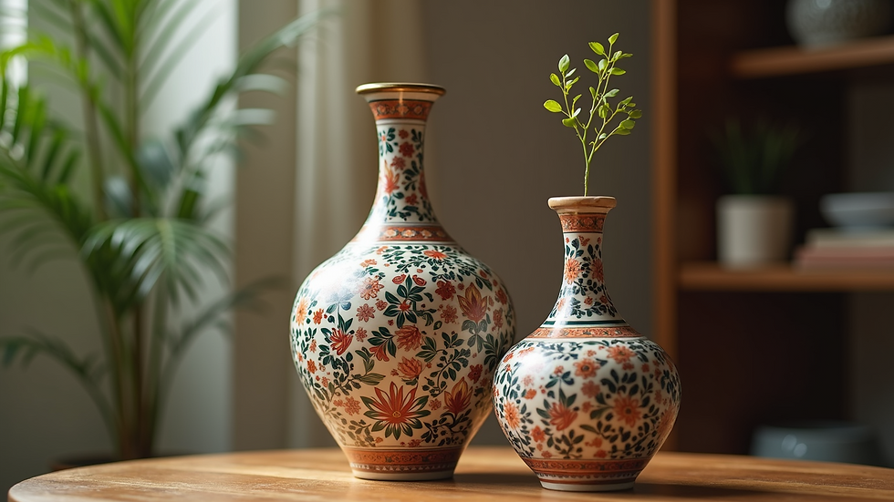 Eye-level view of a beautifully crafted ceramic vase with traditional Turkish motifs