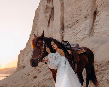 Romantic flying dress photography with horse in Vlychada