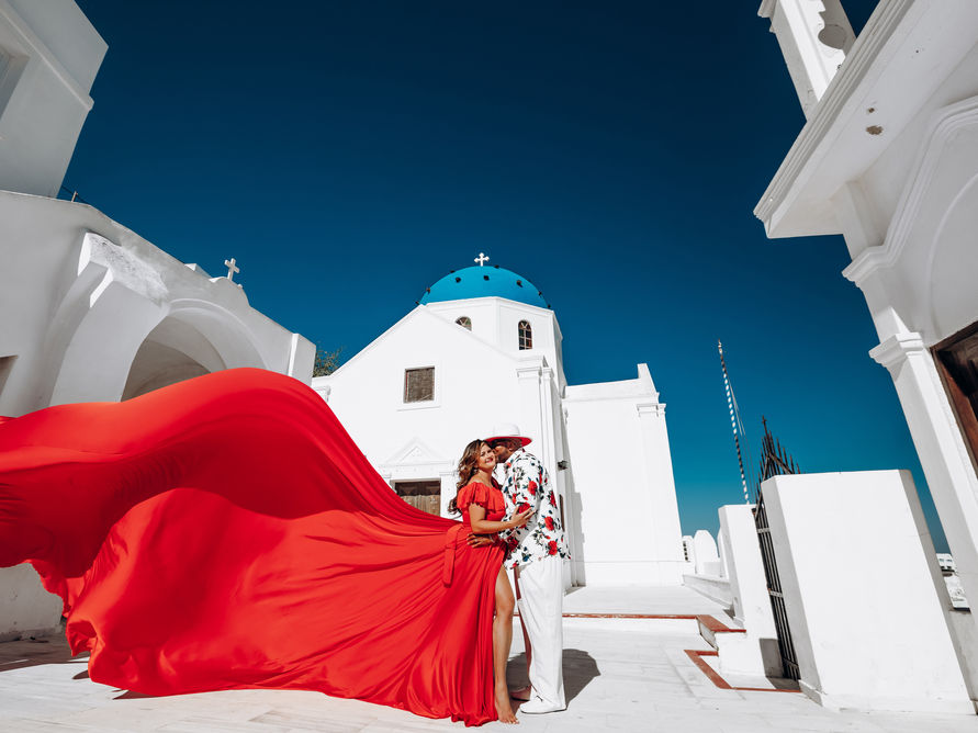 santorini dress photoshoot near blue domes