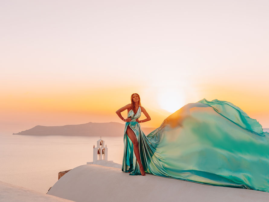 flying dress santorini imerovigli sunset volcano view
