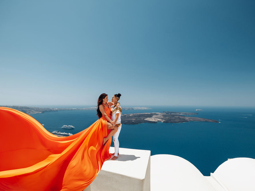 santorini dress photoshoot and volcano view