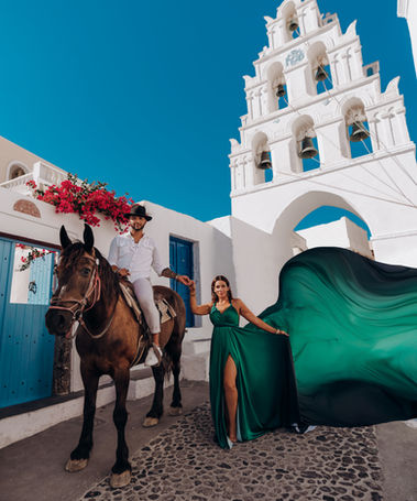 Luxury horse photography session in Santorini during sunset