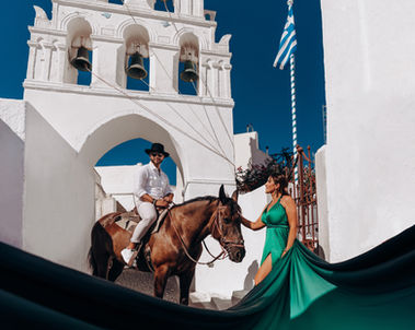 Flying dress and horse photography in Megalochori Santorini Greece