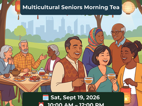 Multicultural seniors and families gathering together outdoors for community morning tea