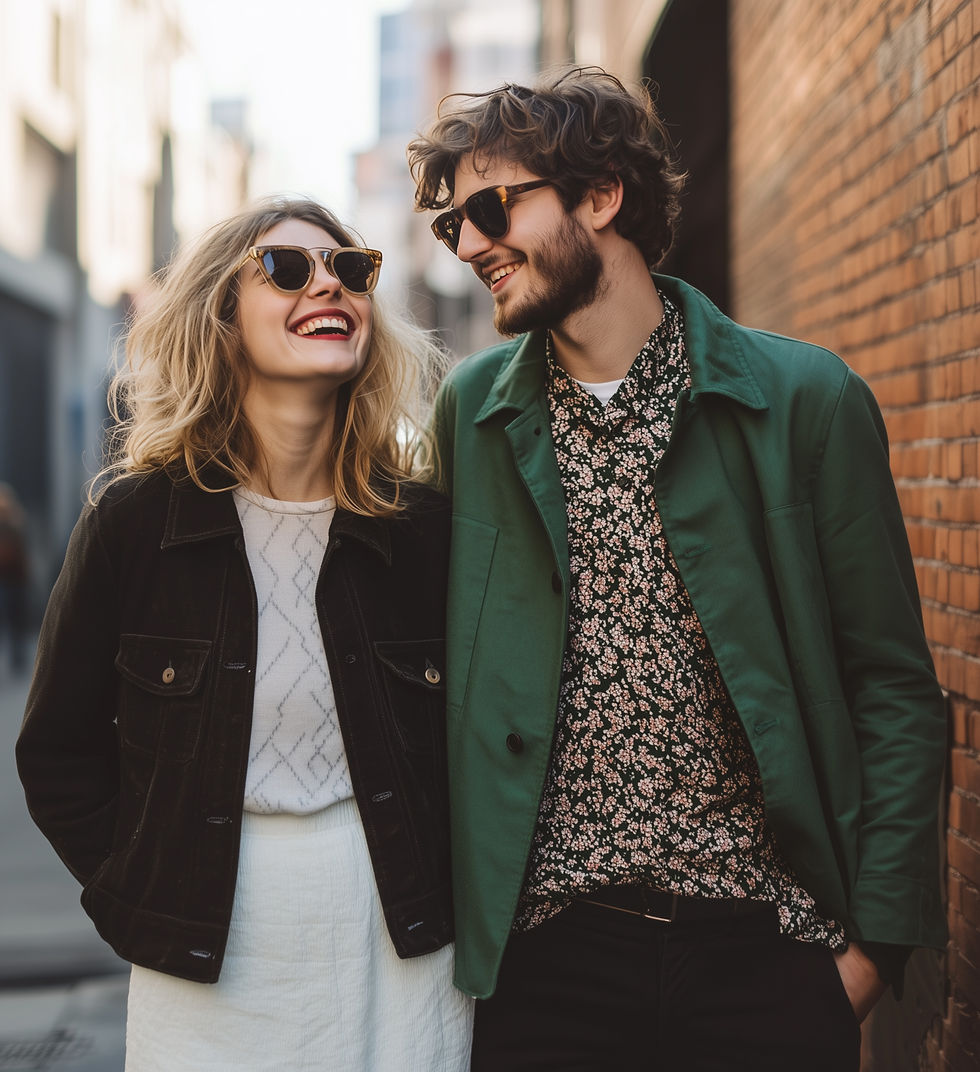Do you have relationship issues? Image of a couple walking along a street laughing and smiling