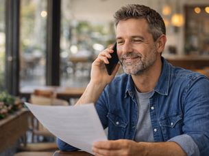 Autónomo hablando por teléfono con gesto tranquilo tras recibir asesoramiento fiscal ante una sanción de Hacienda