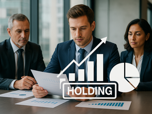 Imagen elegante y realista que muestra un equipo ejecutivo analizando documentación fiscal sobre holdings, con gráficos financieros sutilmente integrados