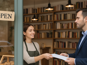 Abogado entrega licencia de apertura a la dueña de una librería.