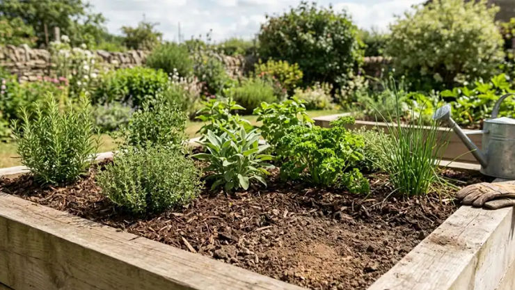 High angle view of a dry garden before applying mulch
