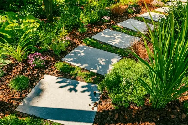 Eye-level view of a vibrant garden with a thick layer of mulch
