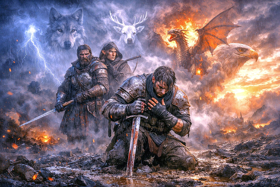 Armored warriors kneel in a stormy battlefield as wolves, a stag, an eagle and a flaming dragon loom amid smoke and fire.