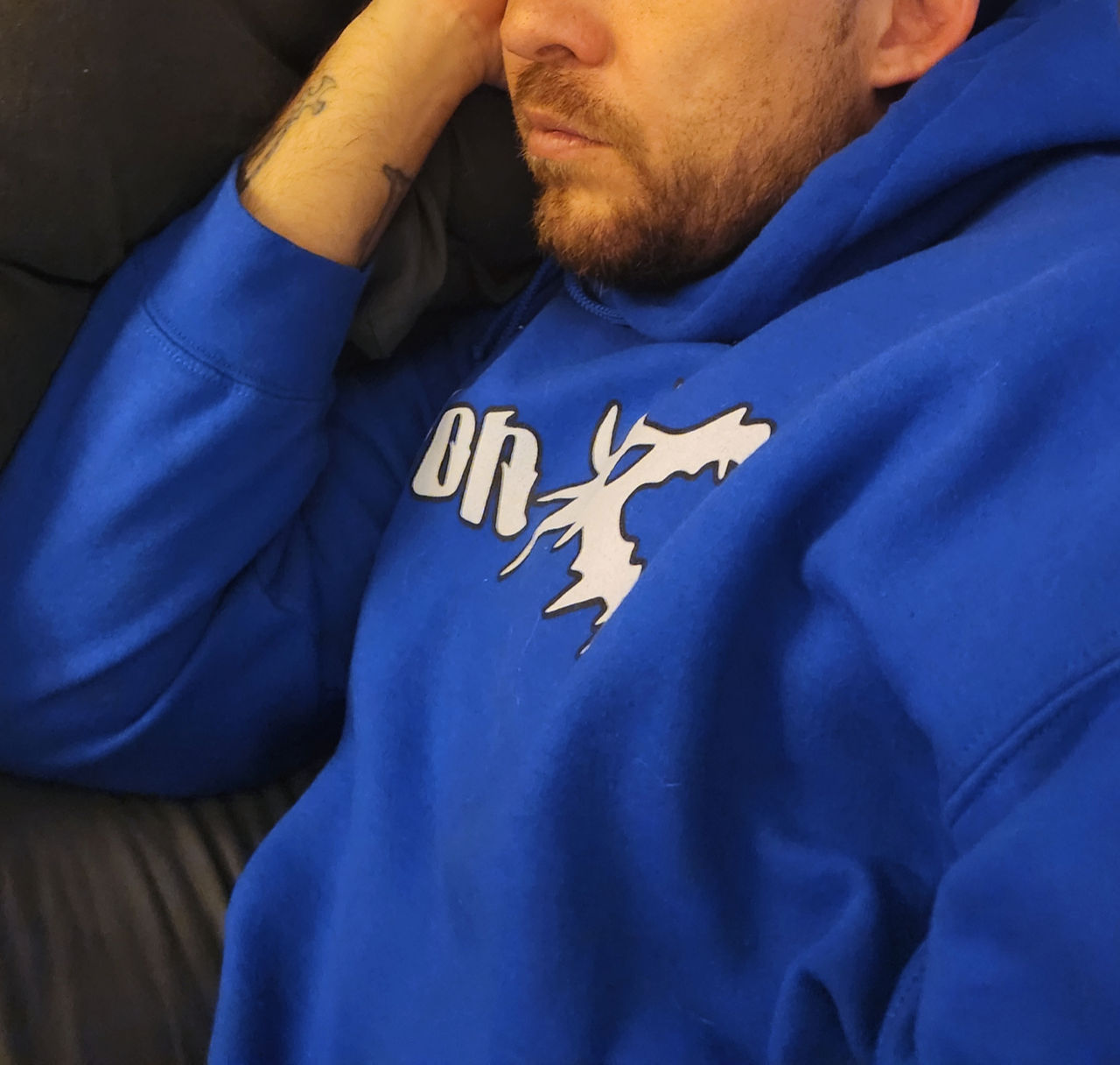 Dragon Head Found appears to be sleeping wearing a blue dragon head soft hoodie.