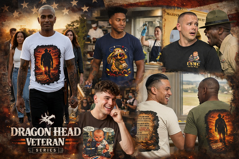 Collage of men in veteran-themed graphic T-shirts, including USMC and Dragon Head Veteran Series text, with smiling and shouting scenes.