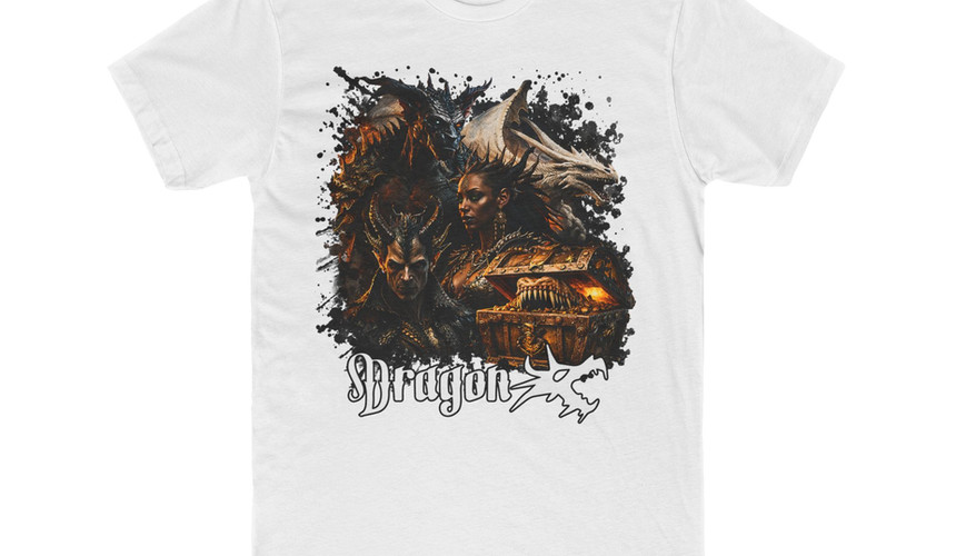 Next Level 3600 Cotton Tee, white, Dragon kin characters along side white pearl dragon, with Mimic chest and fangs design, front of tee