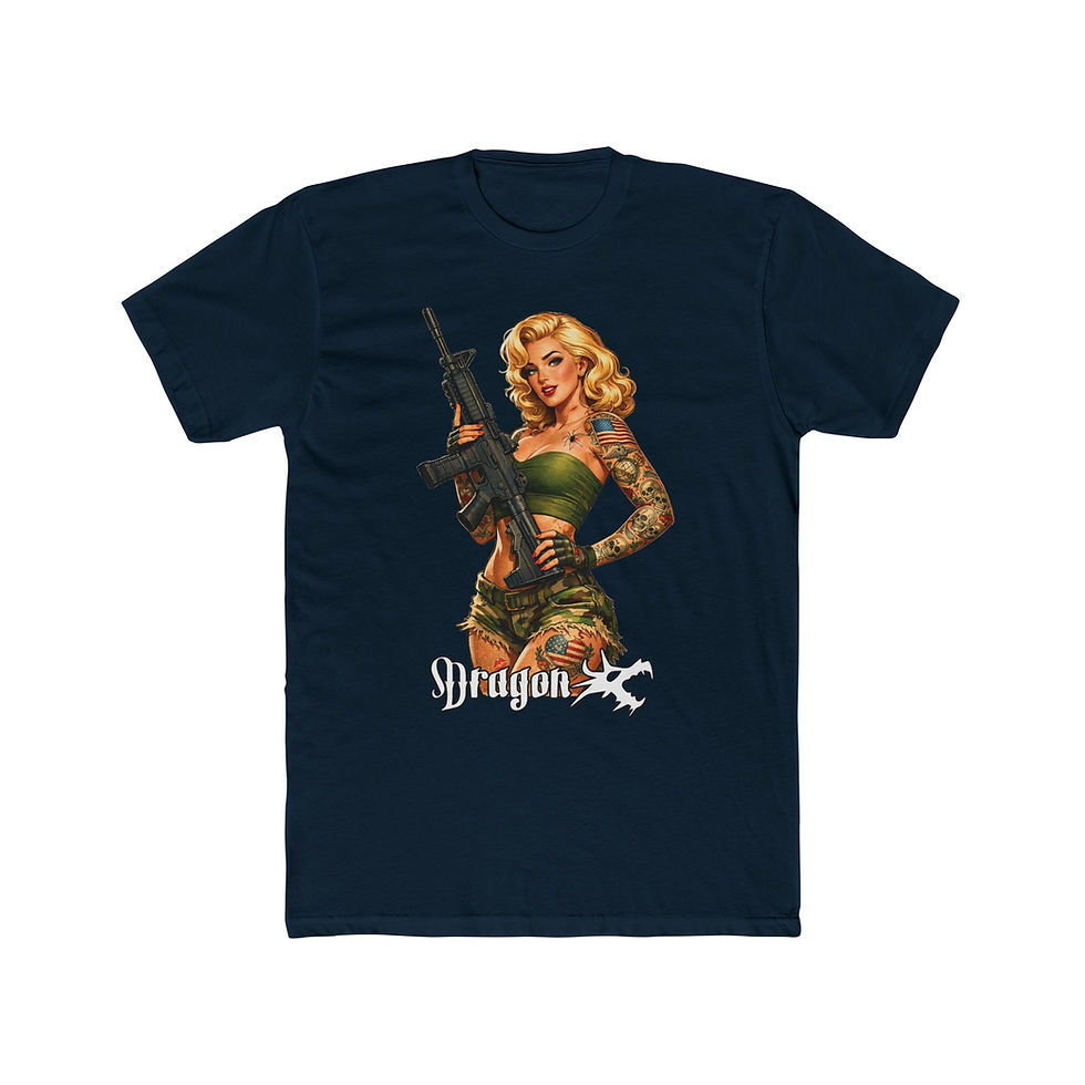 Navy T-shirt with pinup woman holding a rifle, tattooed arms, and the word Dragon in bold white text.