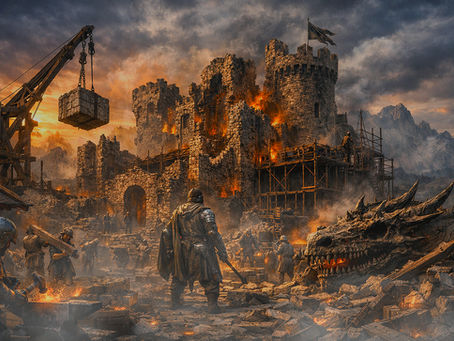 gritty reconstruction of a castle keep after a dragon’s attack — smoke curling through broken towers, workers rebuilding under a storm‑lit sky, and embers glowing across the ruins. The tone is adventurous, dramatic, and resilient, symbolizing rebirth after destruction.