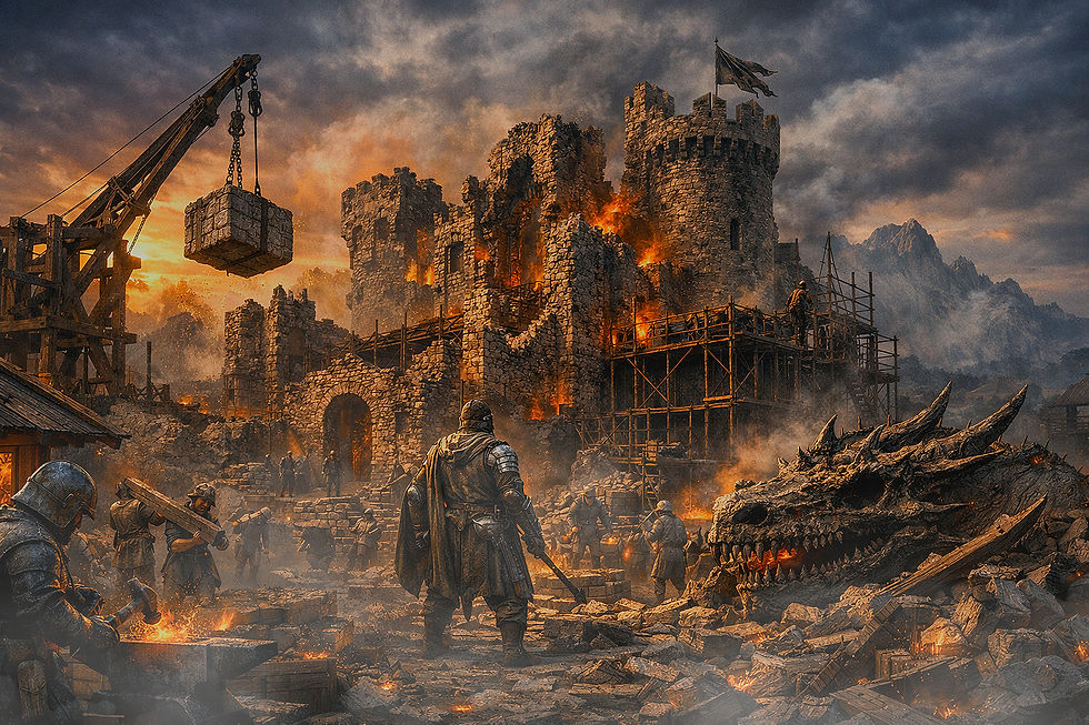 gritty reconstruction of a castle keep after a dragon’s attack — smoke curling through broken towers, workers rebuilding under a storm‑lit sky, and embers glowing across the ruins. The tone is adventurous, dramatic, and resilient, symbolizing rebirth after destruction.