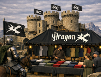 Kingdom is making progress in the rebuild. Dragon Head is still operational and selling. Folded shirts under a medieval tent and a stone castle behind.