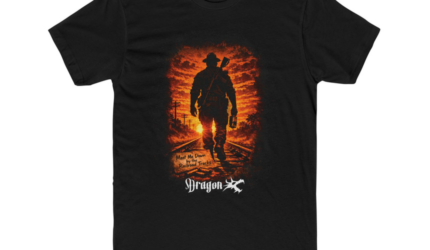 Next Level 3600 Cotton Tee, black, sunset behind a silhouette of a military drill instructor walking down railroad tracks with a rifle slung, a Ka-bar on his belt, a bottle in his hand and bullet casing on the ground design, on front of tee
