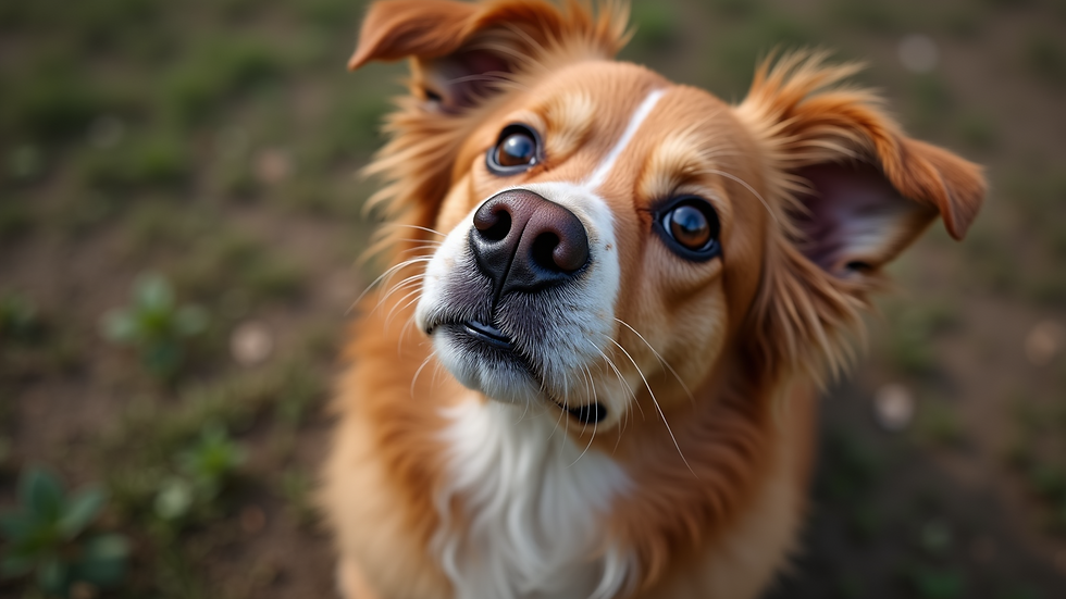 Close-up view of a dog looking up with a concerned expression