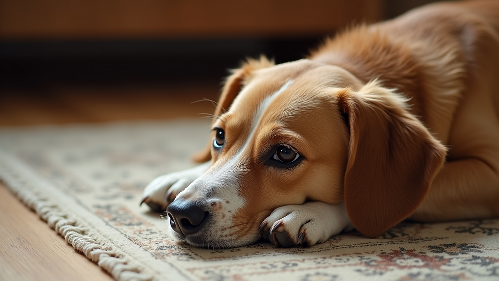 High angle view of a dog resting comfortably on a rug