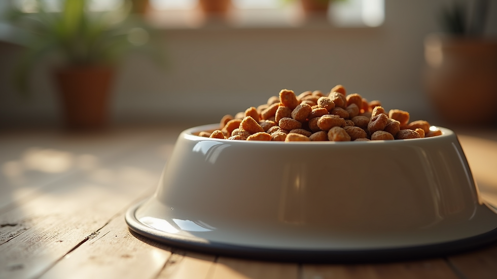 High angle view of dog food bowl filled with kibble